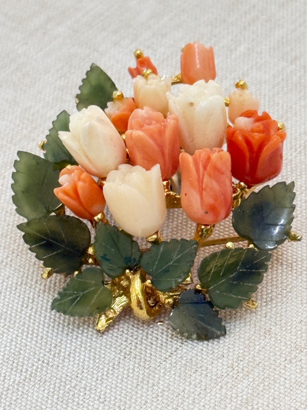 Vintage Swoboda Nephrite Jade and Coral Brooch w Matching Earrings 1960s